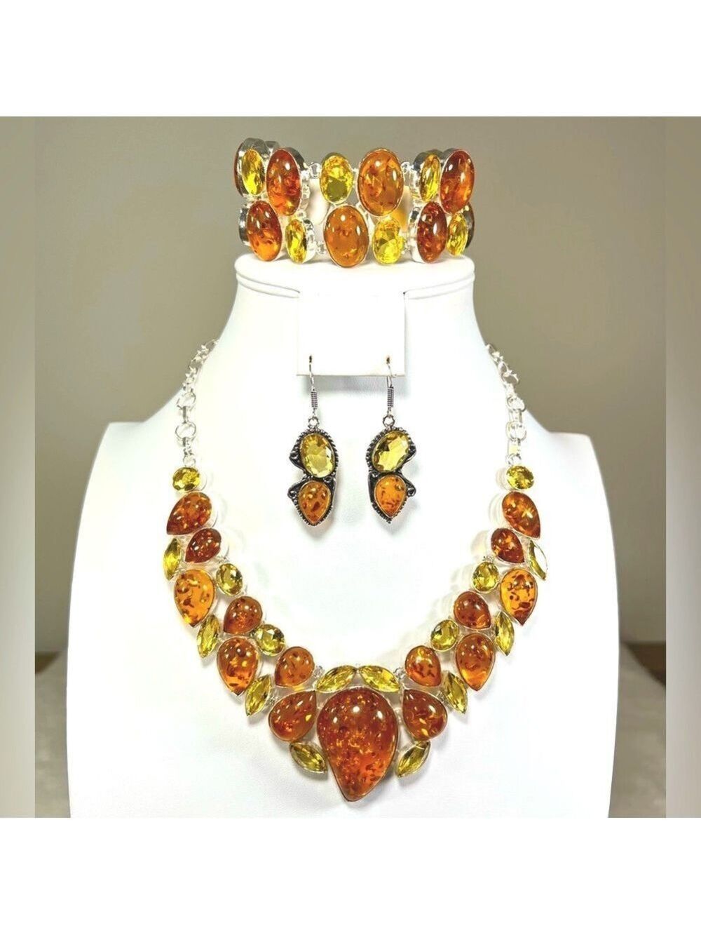 Amber & Citrine 925 Large synthetic stones Necklace Bracelet & ONE Earring ONLY - Picture 1 of 17